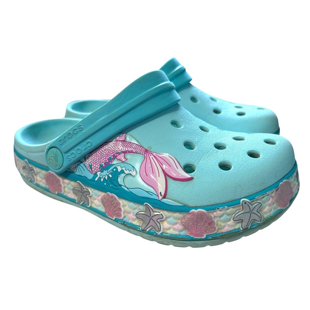 Crocs Clogs Kids Size J2 Blue Mermaid Graphic Beach Pool Shoes Sandals Slip On